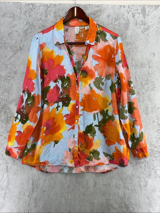 Joie Tops - Joie Floral Long Sleeve Linen V Neck Button-Down Blouse Size L